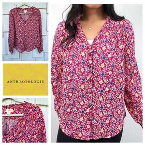 Maeve Anthropologie Floral‎ Print Blouse Long Sleeve Button Front Top Size 8